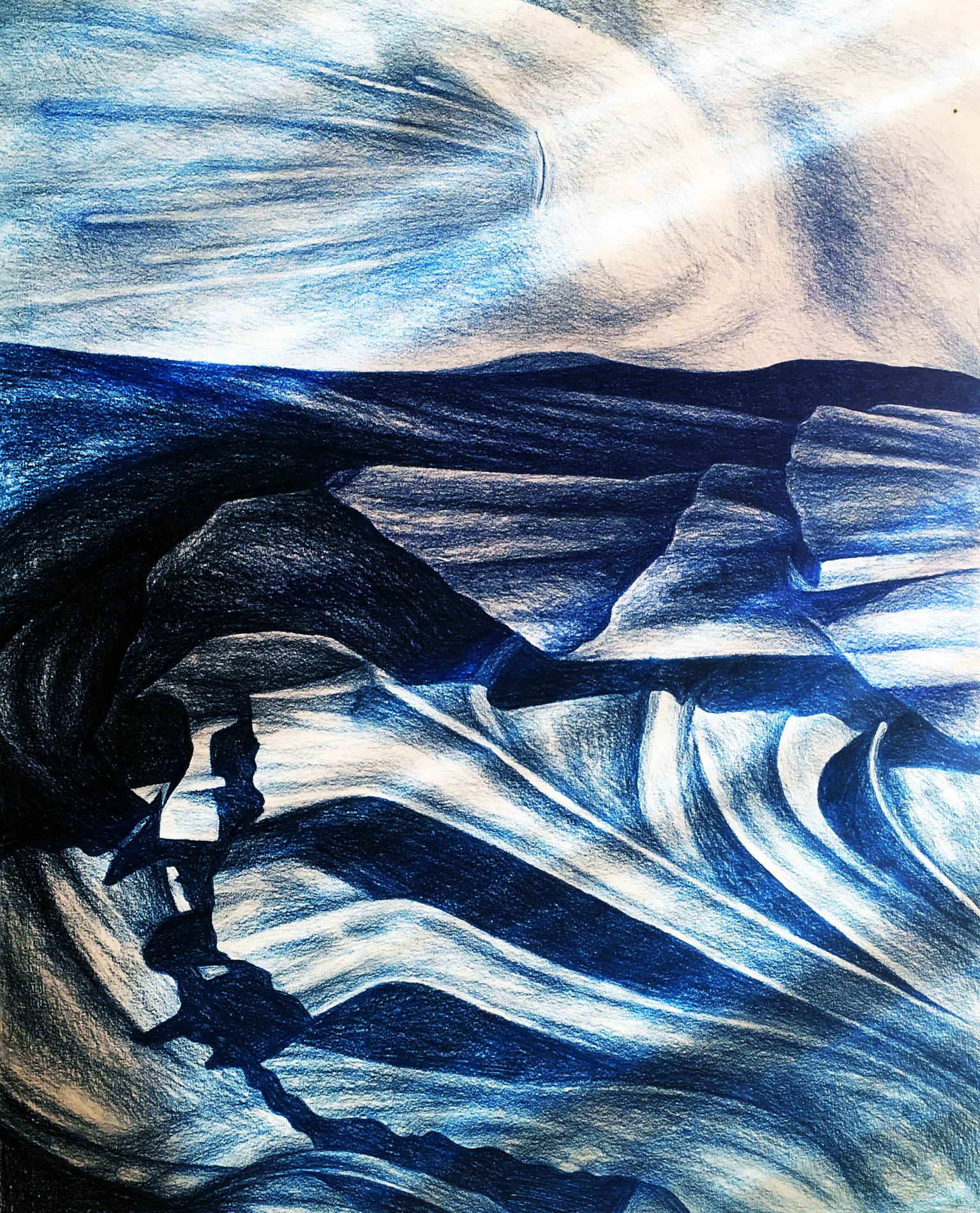 blue and white pencil drawing of folds in cloth with dark shadows